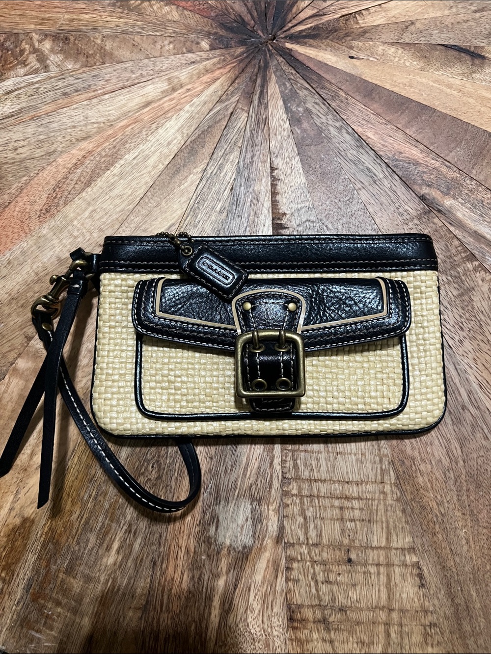 Coach Black & Natural Straw-Style Wristlet with Buckle Accent